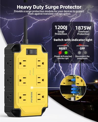 12AC Magnetic Heavy Duty Power Strip, 6.5 FT Extension Cord Surge Protector | PAEWOK 15 Amps/1200 Joules, Power Strip for Industrial Shop Garage, Yellow - style: 12AC