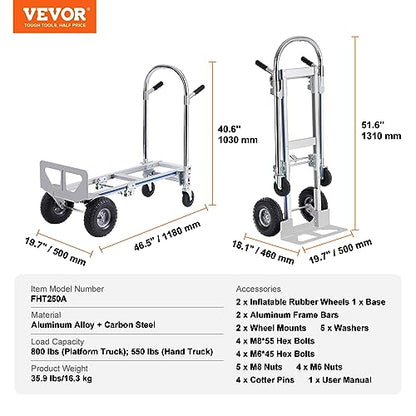 VEVOR Aluminum Truck, 2 in 1, 800 lbs Load Capacity, Heavy Duty Industrial Convertible Folding Hand Truck and Dolly, Utility Cart Converts from Hand Truck to Platform Cart with Rubber Wheels | 2 in 1 Aluminum Truck with Rubber Wheels, Utility Cart Convert