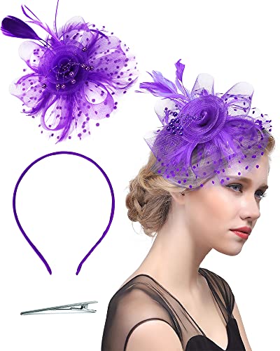 Fascinator Tea Party Hat Women 20s 50s Wedding Cocktail Flower Mesh Feathers Hair Clip for Carnival Halloween - color: A-purple