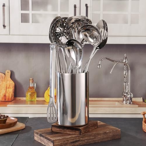 Double Wall Utensil Holder, 304 Stainless Steel Sleek Holder for Countertop | Kitchen Utensil Holder - Spatula Spoon Storage Organizer, Large Utensil Caddy Counter, Shining Utensil Crock, Mirror Polish