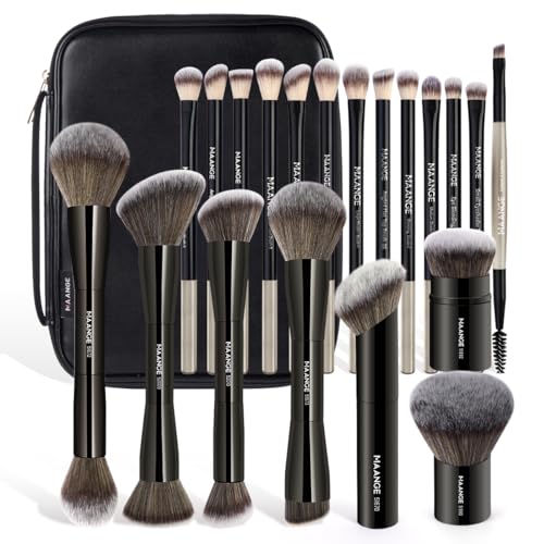 MAANGE 20 PCS Makeup Brush Set with Bag, Double-ended Kabuki Brush Foundation Contour Brush for Liquid Powder Concealer Eye Shadows Cream Cosmetics Blending Blush Face Makeup Tools with Case (Black) - color: Black