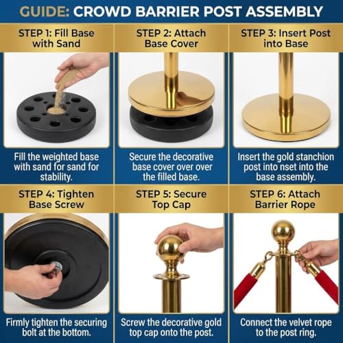 Crowd Control Barriers, Gold Stanchions 2 Pcs and 1 Flannel Carpet Ropes, Stainless Steel Red Carpet Poles and Ropes Set for Wedding Party Red Carpet & Hotel Events