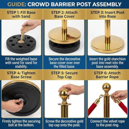 Crowd Control Barriers, Gold Stanchions 2 Pcs and 1 Flannel Carpet Ropes, Stainless Steel Red Carpet Poles and Ropes Set for Wedding Party Red Carpet & Hotel Events