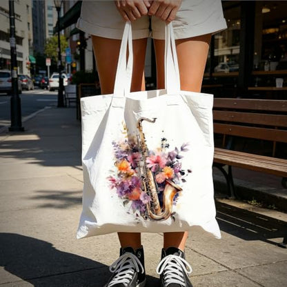 Aesthetic Music Floral Tote Bag for Women, Reusable Canvas Bag with Musical & Botanical Design, Daily Use Gift - color: White-music-007