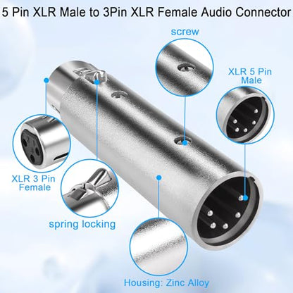 QIANRENON 5Pin XLR to 3Pin XLR DMX Converter Adapter - Male to Female Audio Connector, for DMX Stage Lighting & Microphone - style: 5M-3F