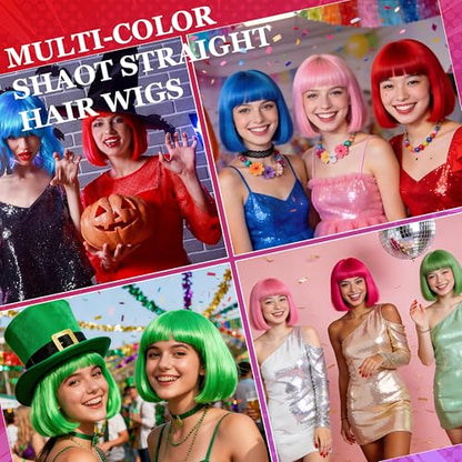 Short Bob Straight Hair Wigs with Bangs, Heat Resistant Fiber Hair, Heart-shaped Glasses for Women (Hot Pink) - color: Hot Pink