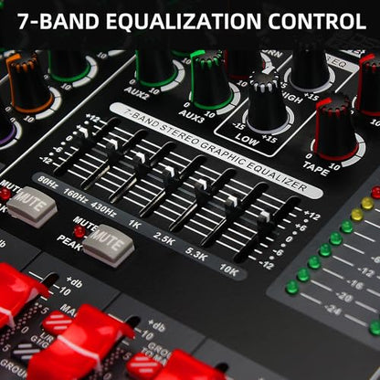 8 Channel Audio Mixer Professional Sound Mixing Board with 99 DSP Effects, 7-band EQ Digital DJ Mixer Console w/USB Bluetooth MP3 for Recording, Independent 48V Power & Mute Button - size: 8 Channel - 13.8inch