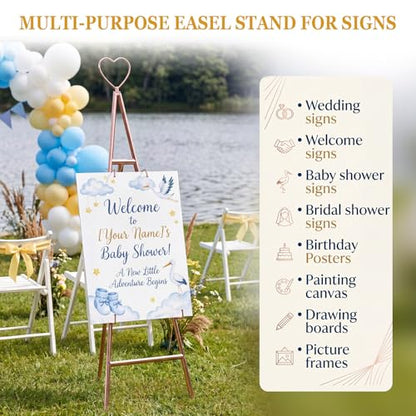 RattanView Adjustable Rose Gold Easel Stand for Sign with 3 Toppers 62" | Metal Display for Wedding Board Poster Picture, Bow Star Heart Toppers, Sturdy Tripod for Paintings Photos Art