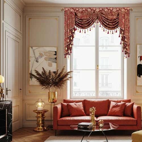 Leeva Baroque Burgundy Waterfall Valance, 59-Inch Wide Jacquard Swag Valance with Damask Pattern, Beaded Tassel & Rod Pocket for Bedroom Living Room Windows - color: *Red, size: 59"W x 45"L (Pack of 1)