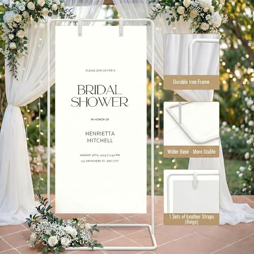 Wedding Welcome Sign Stand Fabric Banner Stand With Design Bundle Rose Vine | Linen Sign Holder Easel Stand for Sign Poster, Bridal Baby Shower With Stand Adjustable Welcome to Our Wedding, White - color: White