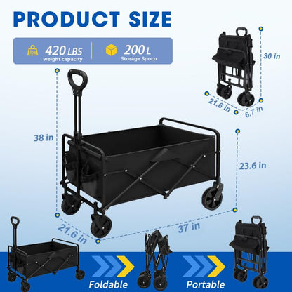 Wagons Carts Foldable, Collapsible Wagon with All-Terrain Wheels 420lbs Weight Capacity Heavy Duty Utility Wagon with Drink Holders for Beach, Garden, Camping, Shopping Groceries, Sports - size: 200L