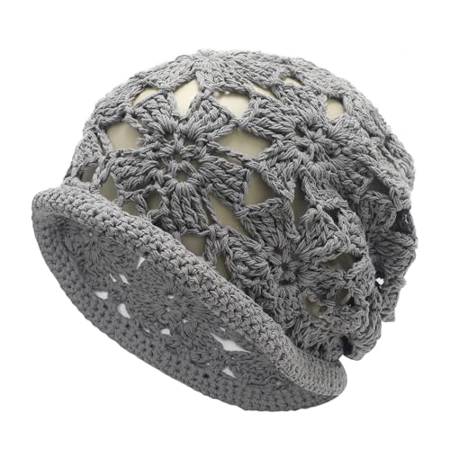 ZLYC Women Cotton Crochet Slouchy Beanie Hat Handmade Knit Summer Skull Cap | Lightweight breathable,boho casual chic look,travel photos festival party,café commute daily wear,beach concert gathering - color: Crochet Grey