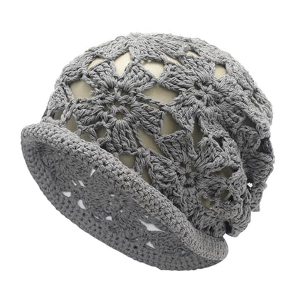 ZLYC Women Cotton Crochet Slouchy Beanie Hat Handmade Knit Summer Skull Cap | Lightweight breathable,boho casual chic look,travel photos festival party,café commute daily wear,beach concert gathering - color: Crochet Grey