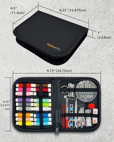 Vellostar Mini Hand Sewing Kit for Adults, Small Travel Case, 18 Threads | This travel sewing kit adds a needle threader, seam ripper, safety pins and measuring tape, not just thread and needles - color: Mini Black