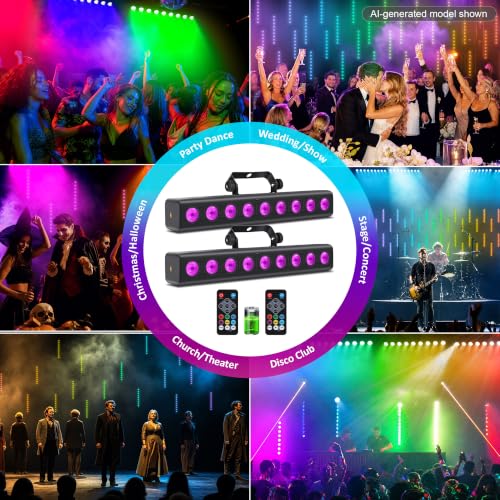 Battery Powered Stage Light Bar,2Pack 9LED RGBW 4IN1 Rechargeable Stage Wash Lights Bar Built-in 5200mAh Battery Remote Control Sound Activated DMX512 Uplights for DJ Party Stage Wedding Club