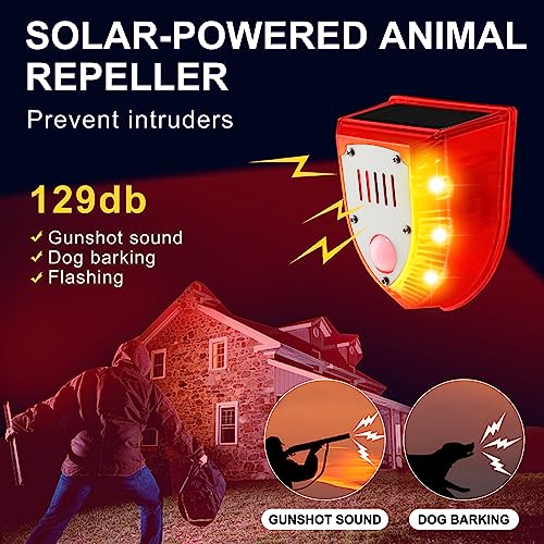 Qualirey 4 Pcs Solar Alarm Motion Detector with Sound Outdoor Motion Sensor 129db Barking Dog Strobe Light Gunshot Sound Alarm Detector Noise Maker Warning Lamp for Home Villa Yard Farm