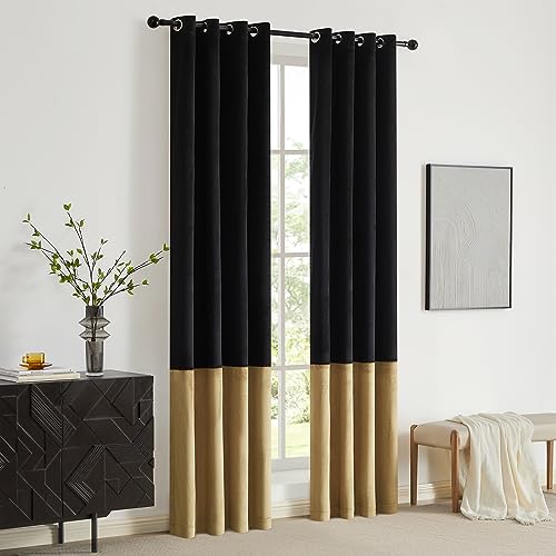 BULBUL Black Gold Color Block Window Curtains Panels 96 inches Long Velvet Farmhouse Drapes for Bedroom Living Room Darkening Treatment with Grommet Set of Black Gold | Living Room Bedroom Window Drapes,Modern Farmhouse,Room Darkening,Thermal Insulated,Gr