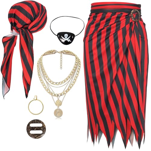 Women Pirate Costume Accessories Set|Headscarf Wrap Hat Sash Belt Cosplay Outfit With Stainless Steel Earring Necklace - style: 6 Pcs Pirate Set