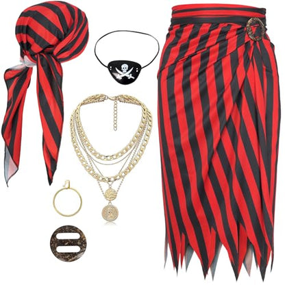Women Pirate Costume Accessories Set|Headscarf Wrap Hat Sash Belt Cosplay Outfit With Stainless Steel Earring Necklace - style: 6 Pcs Pirate Set