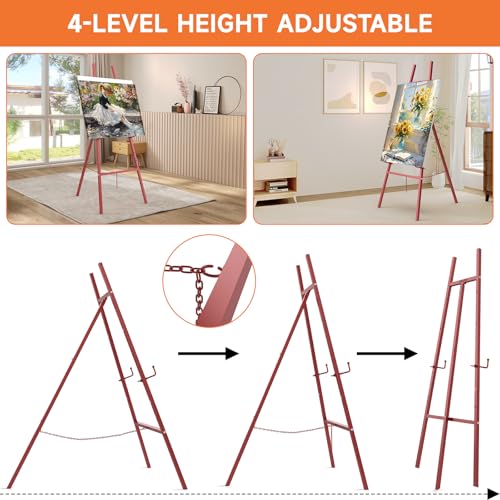 Easel Stand for Sign, Heavy Duty Metal Display Easel with Adjustable Chain, 4-Tier Height Art Easel for Painting, Wedding Sign, Posters & Commercial Display - color: Red