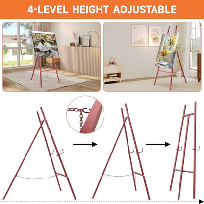 Easel Stand for Sign, Heavy Duty Metal Display Easel with Adjustable Chain, 4-Tier Height Art Easel for Painting, Wedding Sign, Posters & Commercial Display - color: Red
