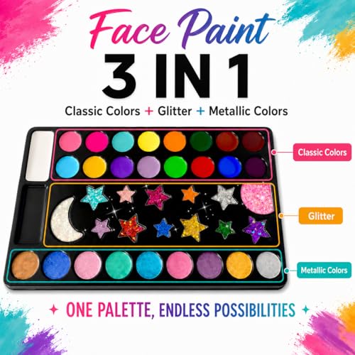 Face Paint Palette Kit 40 Colors Waterproof Oil Based Body Paint Makeup Kit | Face Painting Kit for Kids Professional Non-Toxic Makeup Palette with Tattoo, Brush, Stencil, Sponge, Gem, Party Halloween