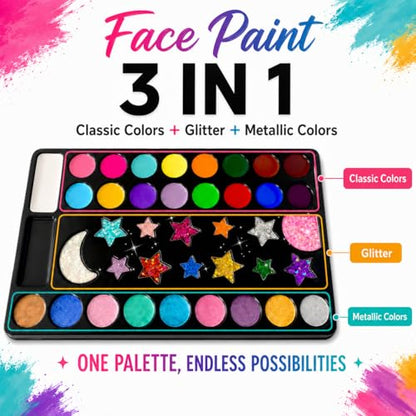 Face Paint Palette Kit 40 Colors Waterproof Oil Based Body Paint Makeup Kit | Face Painting Kit for Kids Professional Non-Toxic Makeup Palette with Tattoo, Brush, Stencil, Sponge, Gem, Party Halloween