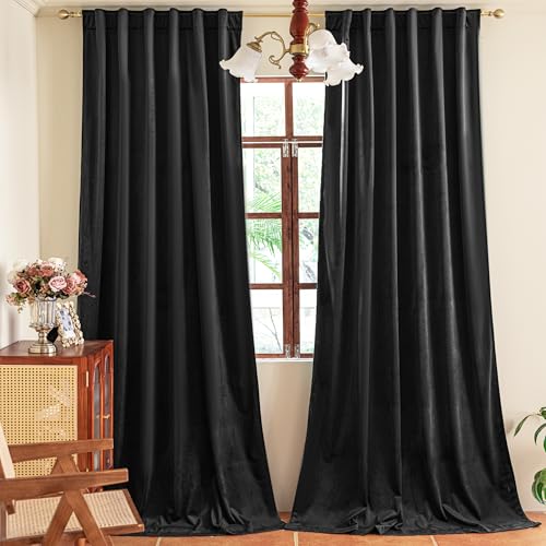 YOFUN 84 inches 2 Panels, Black Blackout Luxury Velvet Curtains Thermal Insulated Heat Block Soundproof Window Panels Soft Drapes for Bedroom Living Room, Rod Pocket & Back Tab, W52 x L84 - color: Black, size: 52"W x 84"L (Pack of 2)