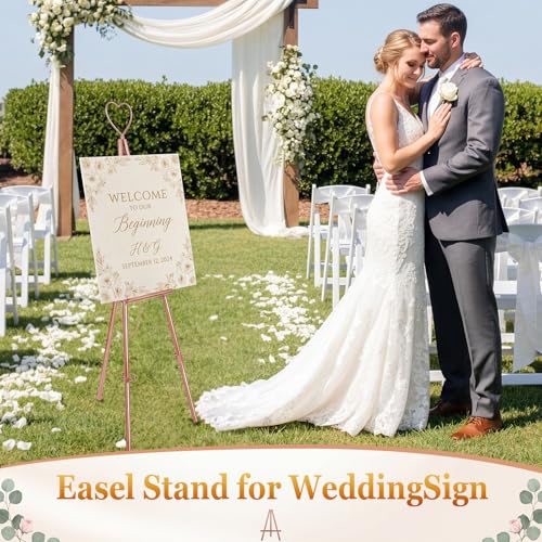 RattanView Adjustable Rose Gold Easel Stand for Sign with 3 Toppers 62" | Metal Display for Wedding Board Poster Picture, Bow Star Heart Toppers, Sturdy Tripod for Paintings Photos Art