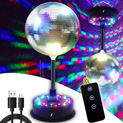 Remote Control 6 Inch Rotating Mirrors Disco Ball Light with 5RPM-9RPM Adjustable Rotary Motor 24 RGB LED Mood Lights Great for Home Party Dance Holiday Christmas Decoration（USB/Battery Powered）