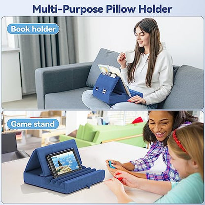 KDD Tablet Pillow Holder, Foldable iPad Stand for Lap, Bed and Desk -Tablet Soft Pad Dock with Pocket & Stylus Mount Compatible with iPad Pro 12.9, 10.5, 9.7 Air Mini 6 5 4 3, Galaxy Tab,E-Reader - color: Blue