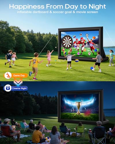 3-in-1 20FT Inflatable Projector Screen - Outdoor Movie Screen, Dart Board and Football Target with 250W Blower, Front/Rear Screen for Celebration & Outside Movie Night - size: 20FT