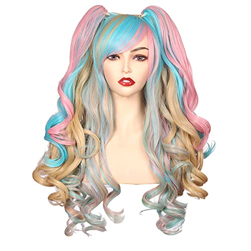 ColorGround Long Curly Cosplay Wig with 2 Ponytails (Blue/Pink/Blonde/Green) - color: Blue/Pink/Blonde/Green