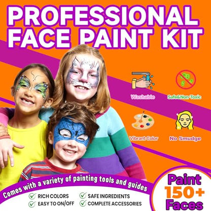 Face Painting Kits for Kids Non-Toxic and Hypoallergenic Face Paint Palette with Stencils,Book,Brushes,Tattoos,Gems Face&Body Makeup Kit for Halloween, Cosplay,Party,Theater & Stage(QCH-32C)