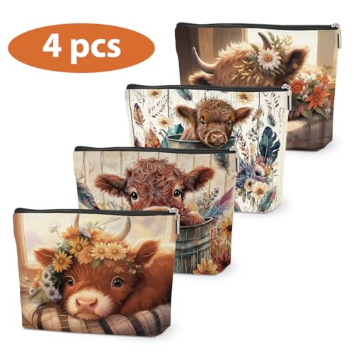 4 PCs Highland Cow Makeup Bag Highland Cow Gifts Cosmetic Bag | Cow Print Stuff Western Gifts for Women Scottish Girls Best Friends, Cute Cow Stuff Christmas birthday Gifts Zipper Pouch - color: highland cow makeup bag