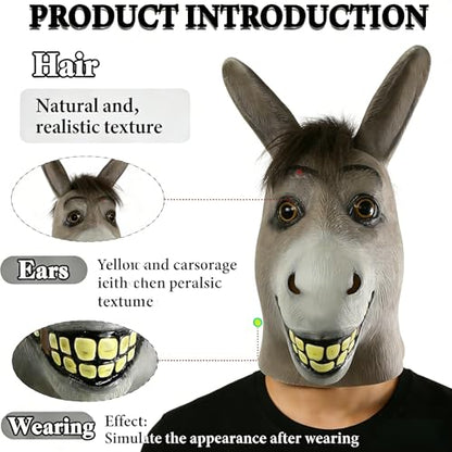 Donkey Mask, Funny Latex Animal Head Mask for Fancy Party Props | Realistic lightweight & breathable. Great for Halloween, carnival, masquerade, fancy dress, cosplay & parties