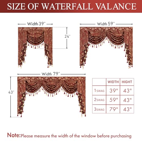 Leeva Baroque Burgundy Waterfall Valance, 59-Inch Wide Jacquard Swag Valance with Damask Pattern, Beaded Tassel & Rod Pocket for Bedroom Living Room Windows - color: *Red, size: 59"W x 45"L (Pack of 1)