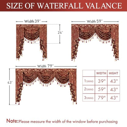 Leeva Baroque Burgundy Waterfall Valance, 59-Inch Wide Jacquard Swag Valance with Damask Pattern, Beaded Tassel & Rod Pocket for Bedroom Living Room Windows - color: *Red, size: 59"W x 45"L (Pack of 1)
