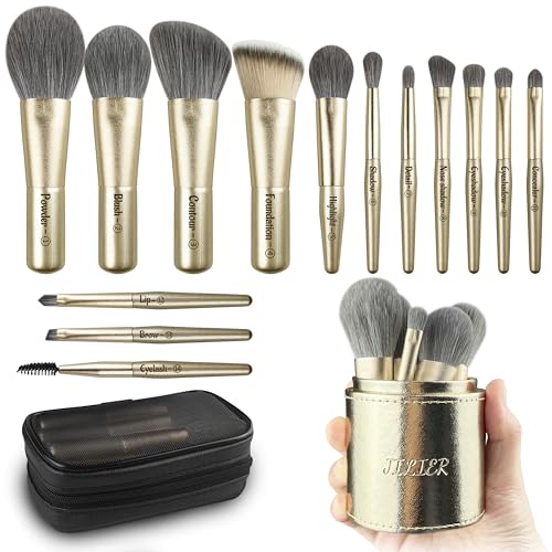 Jilier Travel Makeup Brush Set, 14 pcs Mini Makeup Brushes for Foundation, Powder, Eyeshadow, Highlight, Contour, Blush & Concealer, Small Makeup Brush Set Purse Size with Case - color: Gold