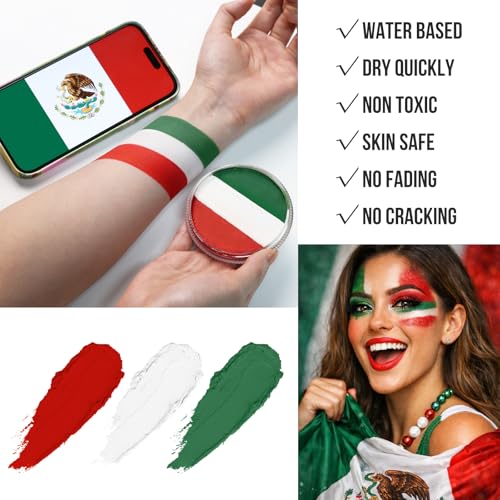Green White Red World Cup Mexico Flag Face Body Paint Set, Face Painting Kit with Paintbrushes for Halloween Day of the Dead Catrina Makeup Clown Skull Tribal Warrior Christmas Elf Queen SFX Make-up - color: Mexico Flag/Catrina