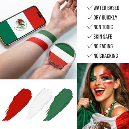 Green White Red World Cup Mexico Flag Face Body Paint Set, Face Painting Kit with Paintbrushes for Halloween Day of the Dead Catrina Makeup Clown Skull Tribal Warrior Christmas Elf Queen SFX Make-up - color: Mexico Flag/Catrina