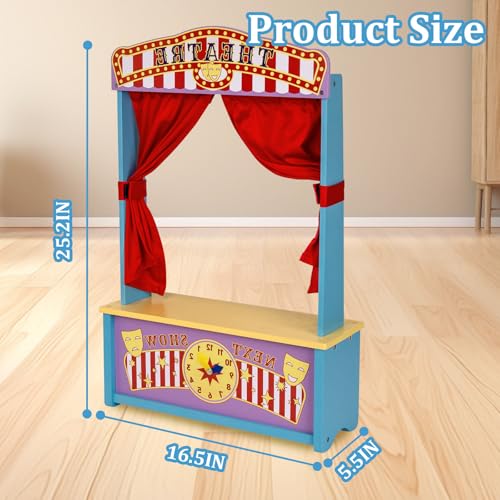 WodGod Wooden Puppet Theater, Puppet Theater with Curtains for Tabletop Drama Performance, Role-Playing,Great for Shows, Events and Pretend Play, Portable