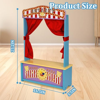 WodGod Wooden Puppet Theater, Puppet Theater with Curtains for Tabletop Drama Performance, Role-Playing,Great for Shows, Events and Pretend Play, Portable