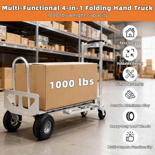 Aluminum 4 in 1 Convertible Hand Truck Dolly, 1000Lbs Capacity, Heavy Duty Folding Hand Truck Dolly Cart with Wheels 10" All-Terrain Tires, Hand Trucks for Logistics, Home, Office, School, Silver - color: Silver