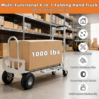 Aluminum 4 in 1 Convertible Hand Truck Dolly, 1000Lbs Capacity, Heavy Duty Folding Hand Truck Dolly Cart with Wheels 10" All-Terrain Tires, Hand Trucks for Logistics, Home, Office, School, Silver - color: Silver