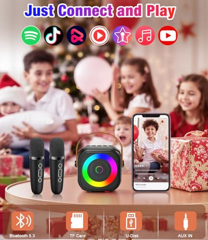 Mini Karaoke Machine, Portable Bluetooth Speaker with 2 Wireless Microphones for Kids & Adults, Karaoke Microphone with LED Lights, Gifts for Girls & Boys - color: Black