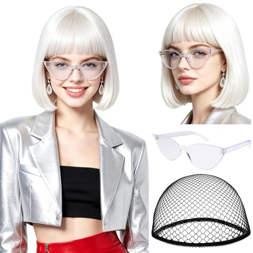 Short Bob Straight Hair Wigs with Bangs, Heat Resistant Fiber Hair, Cat Eye Glasses for Women (White) - color: White