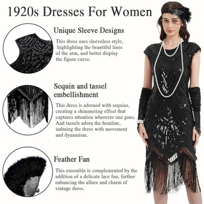 VillbeCoser 1920s Flapper Dress for Women Sequin Fringe Roaring 20s Costume - color: Black, size: X-Large
