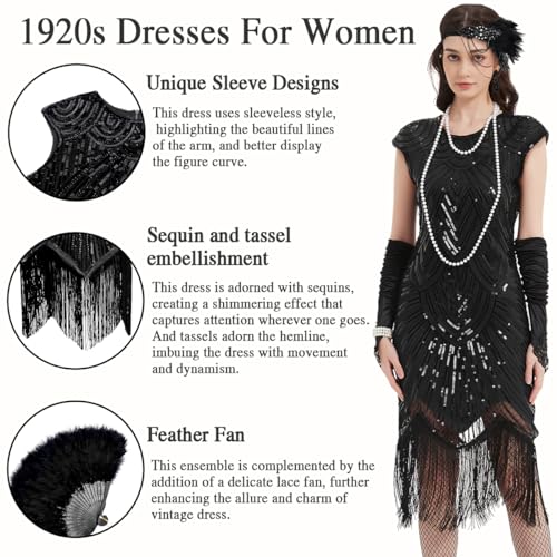VillbeCoser 1920s Flapper Dress for Women Sequin Fringe Roaring 20s Costume - color: Black, size: XX-Large