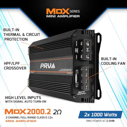 PRV Audio MDX2000.2 2 Ohm Mini 2 Channel Car Audio Amplifier 2X 1000 Watts RMS at 2 Ohm - Bridged 1CH 2000 Watt at 4 Ohm for Powersports, Motorcycles, ATV, for High Power Stereo Speaker Systems